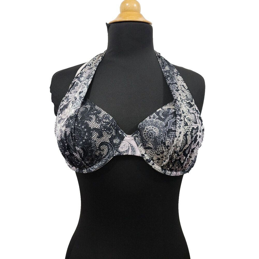 A.Che Swimwear Luxe Underwire Halter bikini Top Black Floral Lace Underwire Sz L